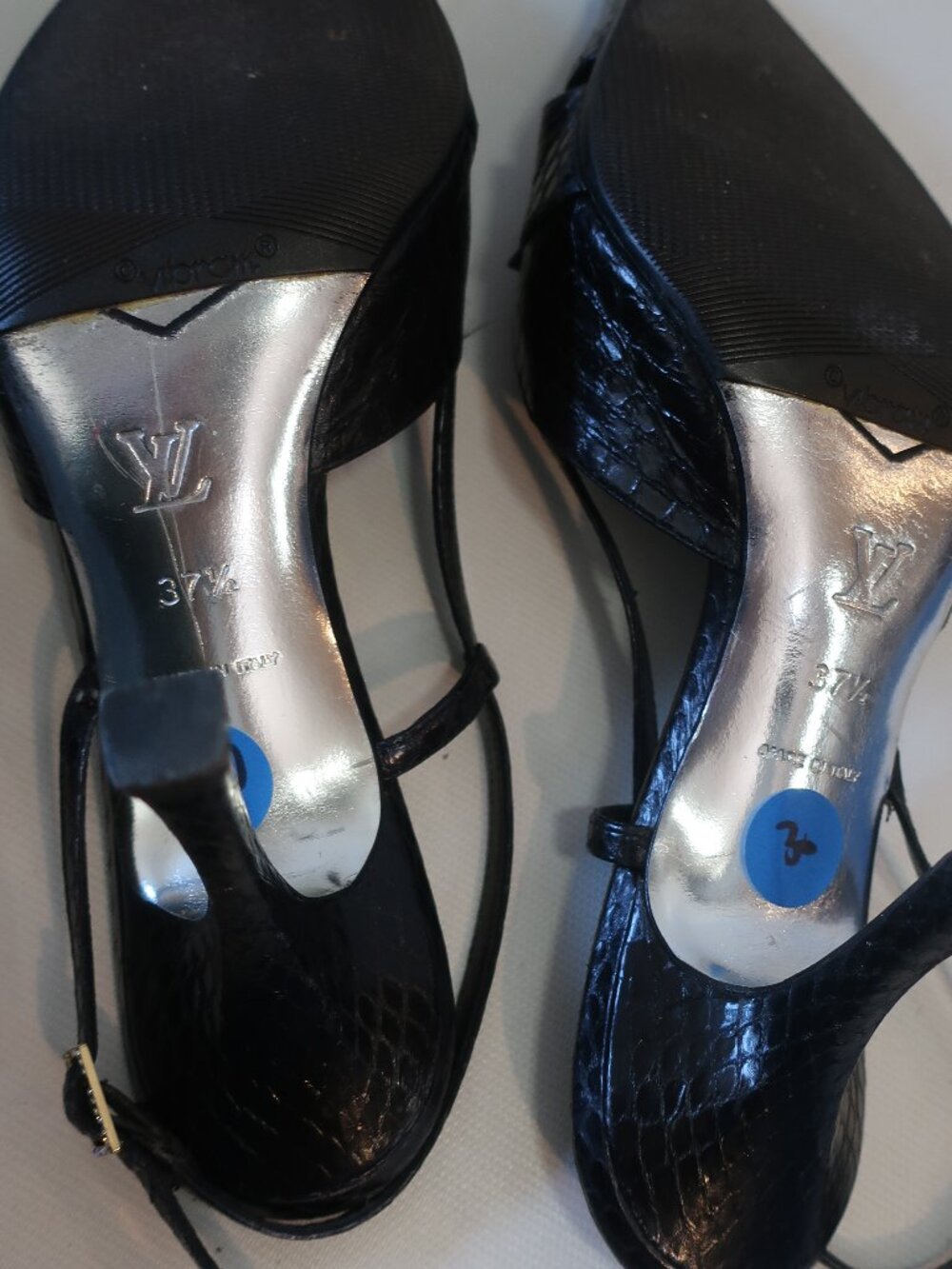 Women Louis Vuitton Black Embossed Snakeskin Crystal Logo Heels 37 1/2 EU/US 7.5 - Picture 11 of 15